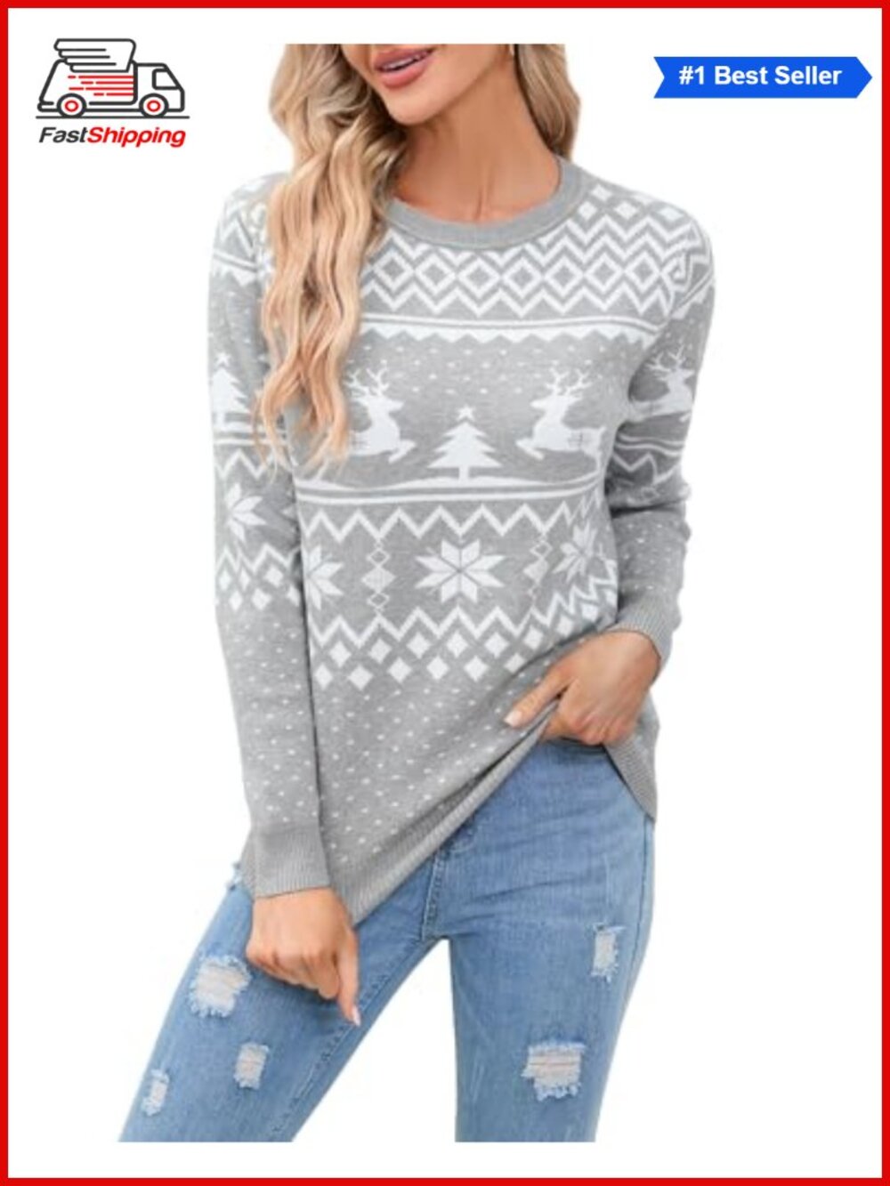 🎅 Women's Christmas Reindeer Snowflake Knit Sweater Crew Neck Pullover